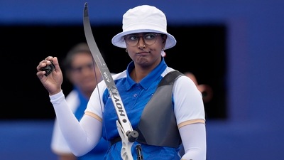 India's Deepika Kumari reacts after a shot during the archery individual quarterfinal against South Korea's Nam Su-hyeon at Paris Olympics (AP) India's Deepika Kumari reacts after a shot during the archery individual quarterfinal against South Korea's Nam Su-hyeon at Paris Olympics (AP)