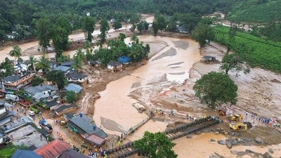 An aerial view of the damage caused by the Wayanad landslides, where people are being rescued by the armed forces (AFP) An aerial view of the damage caused by the Wayanad landslides, where people are being rescued by the armed forces (AFP)