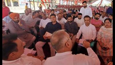 BJP leaders at the site in Kurukshetra where a party rally will take place on Sunday. BJP leaders at the site in Kurukshetra where a party rally will take place on Sunday.