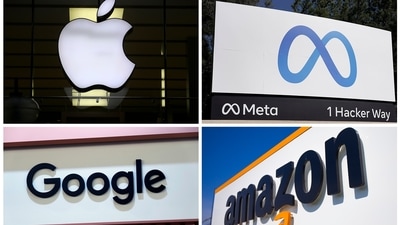 This photo combo of images shows logos for Apple, Meta, Google and Amazon. (AP) This photo combo of images shows logos for Apple, Meta, Google and Amazon. (AP)