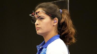 India’s Manu Bhaker during the women’s 25m pistol final in Chateauroux on Saturday. (PTI) India’s Manu Bhaker during the women’s 25m pistol final in Chateauroux on Saturday. (PTI)