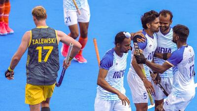 Indian team celebrates a goal against Australia at the Olympics on Friday. (PTI) Indian team celebrates a goal against Australia at the Olympics on Friday. (PTI)