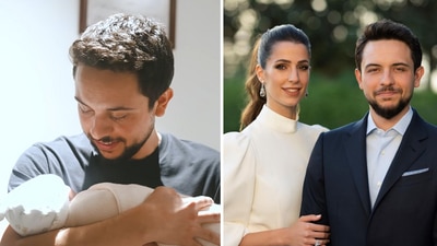 The image (L) shows Jordan's Crown Prince Hussein with his newborn daughter, while the photo (R) shows the royal couple. (Instagram/@rhcjo)