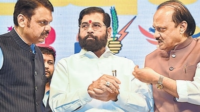Maharashtra Chief Minister Eknath Shinde with State Deputy Chief Ministers Devendra Fadnavis and Ajit Pawar. (ANI Photo) (Deepak Salvi) Maharashtra Chief Minister Eknath Shinde with State Deputy Chief Ministers Devendra Fadnavis and Ajit Pawar. (ANI Photo) (Deepak Salvi)