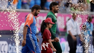 Pakistan's captain Babar Azam, right, and India's captain Rohit Sharma during 2024 T20 World Cup. (PTI) Pakistan's captain Babar Azam, right, and India's captain Rohit Sharma during 2024 T20 World Cup. (PTI)