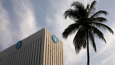 The logo of State Bank of India (SBI) is seen on the facade of its headquarters in Mumbai, India, April 12, 2023. (Niharika Kulkarni/Reuters) (REUTERS)