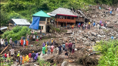 Search and rescue operation underway after the cloudburst in Rajvan village, Padhar in Mandi on Saturday. (ANI)