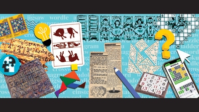 Spot an iron magic square from Ancient China and a stamp from Macau bearing the same game; the Bakhshali manuscript; Sam Loyd’s Trick Donkeys; a visual puzzle from Henry Dudeney’s Amusements in Mathematics; the 1913 crossword (it was diamond-shaped); a 15 Puzzle, a Wordle; tangrams, and Mukul Sharma’s Mindsport. (Images: Wikimedia Commons; British Museum; Shutterstock; Science Museum Group; mukulsharma.org.in) Spot an iron magic square from Ancient China and a stamp from Macau bearing the same game; the Bakhshali manuscript; Sam Loyd’s Trick Donkeys; a visual puzzle from Henry Dudeney’s Amusements in Mathematics; the 1913 crossword (it was diamond-shaped); a 15 Puzzle, a Wordle; tangrams, and Mukul Sharma’s Mindsport. (Images: Wikimedia Commons; British Museum; Shutterstock; Science Museum Group; mukulsharma.org.in)
