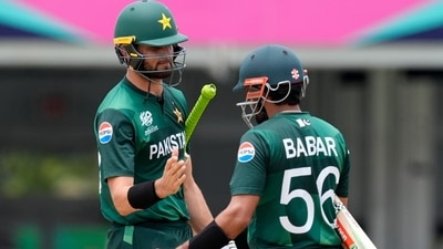 Pakistan's Shaheen Shah Afridi, left, celebrates with captain Babar Azam after Pakistan won the ICC Men's T20 World Cup cricket match against Ireland (AP) Pakistan's Shaheen Shah Afridi, left, celebrates with captain Babar Azam after Pakistan won the ICC Men's T20 World Cup cricket match against Ireland (AP)