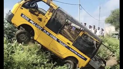 The school van after the mishap in Narwana, Jind, on Saturday.