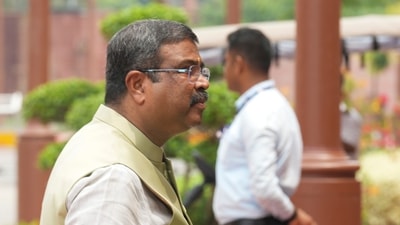 Union Minister Dharmendra Pradhan during the Monsoon session of the Parliament, in New Delhi. (PTI)