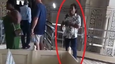 A video clip shows one of the accused pours water from a plastic bottle on a closed staircase leading to the basement of Taj Mahal, which houses original graves of Shahjahan and Mumtaz Mahal. A video clip shows one of the accused pours water from a plastic bottle on a closed staircase leading to the basement of Taj Mahal, which houses original graves of Shahjahan and Mumtaz Mahal.