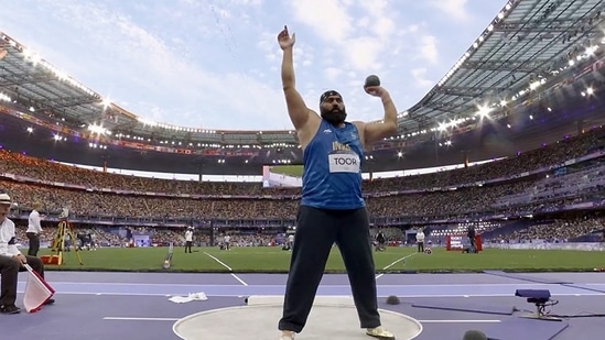 India's Tajinderpal Singh in action during the Men's Shot Put Qualification event. (Doordarshan Sports -X)