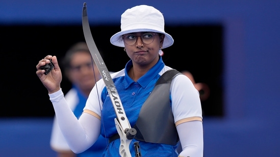 India's Deepika Kumari reacts after a shot during the archery individual quarterfinal against South Korea's Nam Su-hyeon at Paris Olympics(AP)