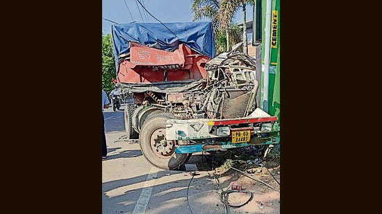 An over speeding truck damaged electricity poled at Pakhowal road before crashing into a shop. Power supply to the area remained affected for hours in the area in Ludhiana on Saturday, August 03, 2024. (HT Photo)