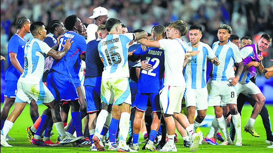 Argentina and France players clash after the football quarter-final in Bordeaux. (Getty Images)