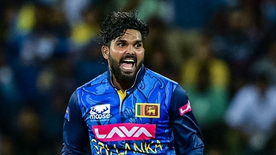 Sri Lanka's Wanindu Hasaranga celebrates after taking the wicket of India's Virat Kohli during the first one-day international(AFP)