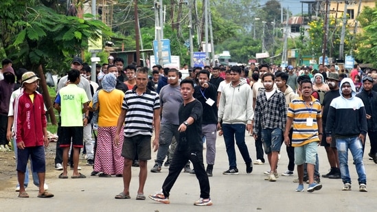 Internally displaced persons (IDPs), who are living in relief camps, react during a protest rally demanding their resettlement in their native places, in Imphal, Manipur, India, August 1, 2024. REUTERS/Stringer(REUTERS)