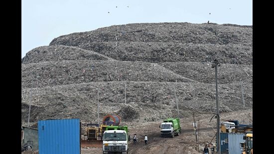 New Delhi, India - July 18, 2024: Perforated pipes added to the Ghazipur landfill site to ensure release of methane gas from the dumpsite. (Photo by Sanjeev Verma/ Hindustan Times) (Hindustan Times)