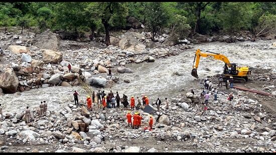 Rescue operation underway following a cloudburst in Rampur area of Shimla district on Saturday. (PTI)
