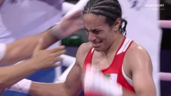 Imane Khelif in tears after winning the quarterfinal in women's 66kg event at Paris Olympics(X)