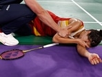 Spain's Carolina Marin plays reacts as she falls during an injury in her women's singles badminton semi-final match against China's He Bing Jiao during the Paris 2024 Olympic Games at Porte de la Chapelle Arena Spain's Carolina Marin plays reacts as she falls during an injury in her women's singles badminton semi-final match against China's He Bing Jiao during the Paris 2024 Olympic Games at Porte de la Chapelle Arena