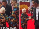 The image shows the granny with Wolverine actor Hugh Jackman and Deadpool star Ryan Reynolds. 