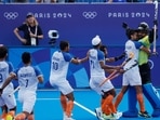 Gurjant Singh of India, Manpreet Singh of India, Sanjay Sanjay of India, Mandeep Singh of India, Abhishek Abhishek of India and Sreejesh Parattu Raveendran of India celebrate winning the match. 