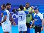 India's Harmanpreet Singh, second left, reacts as he celebrates with teammates after their win in the men's quarterfinal field hockey match against Britain at the Yves-du-Manoir Stadium during the 2024 Summer Olympics(AP) India's Harmanpreet Singh, second left, reacts as he celebrates with teammates after their win in the men's quarterfinal field hockey match against Britain at the Yves-du-Manoir Stadium during the 2024 Summer Olympics(AP)