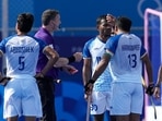 India's Amit Rohidas, second right, reacts after referee showing him red card during the men's quarterfinal field hockey match between Britain and India at the Yves-du-Manoir Stadium during Paris Olympics(AP) India's Amit Rohidas, second right, reacts after referee showing him red card during the men's quarterfinal field hockey match between Britain and India at the Yves-du-Manoir Stadium during Paris Olympics(AP)