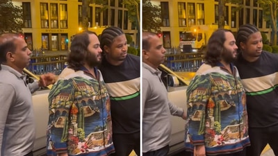 The image shows Anant Ambani’s bodyguard’s reaction to a fan placing his hand around the billionaire heir. (Screengrab) The image shows Anant Ambani’s bodyguard’s reaction to a fan placing his hand around the billionaire heir. (Screengrab)