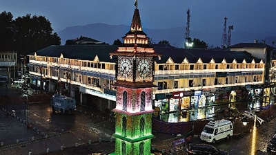 The Clock Tower at Lal Chowk in Srinagar illuminated with the Tricolour on August 14, 2023.  )Waseem Andrabi /HT Archive)