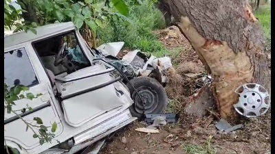 The mangled remains of the car after the mishap in Bathinda on Sunday.