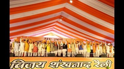 Union ministers Dharemendra Pradhan (C), Manohar Lal Khattar, Haryana CM Nayab Singh Saini and other senior party leaders during a rally in Kurukshetra on Sunday. (HT Photo) Union ministers Dharemendra Pradhan (C), Manohar Lal Khattar, Haryana CM Nayab Singh Saini and other senior party leaders during a rally in Kurukshetra on Sunday. (HT Photo)