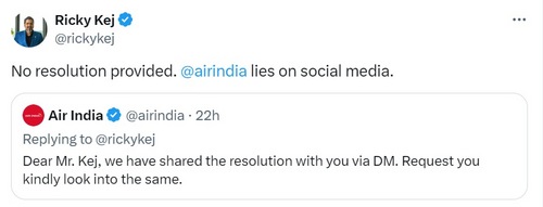 Ricky Kej's reply to Air India's response. (X/@rickykej) Ricky Kej's reply to Air India's response. (X/@rickykej)