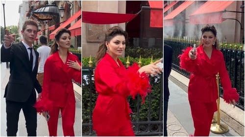 Urvashi Rautela wears an all-red ensemble for an outing in Paris. (Instagram ) Urvashi Rautela wears an all-red ensemble for an outing in Paris. (Instagram )