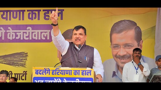 AAP MP Sanjay Singh during a rally in Rohtak on Sunday. (HT Photo)