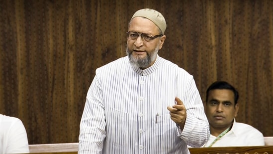 AIMIM chief and MP Asaduddin Owaisi speaks in the House during the first session of the 18th Lok Sabha in New Delhi on June 26.(PTI file)