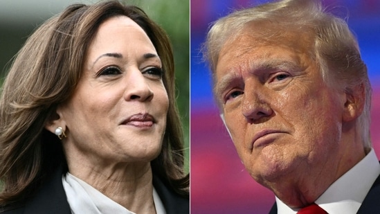 Kamala Harris arriving for an event honoring National Collegiate Athletic Association (NCAA). Former US President and 2024 Republican presidential candidate Donald Trump standing on stage after accepting his party's nomination.(AFP)