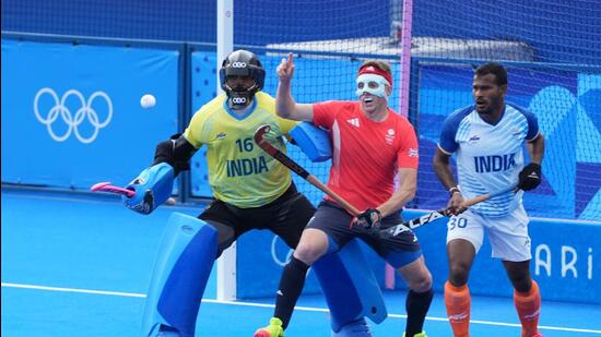 India's goalkeeper PR Sreejesh in action against Britain in their quarter-final at the Paris Olympics, on Sunday. (PTI)