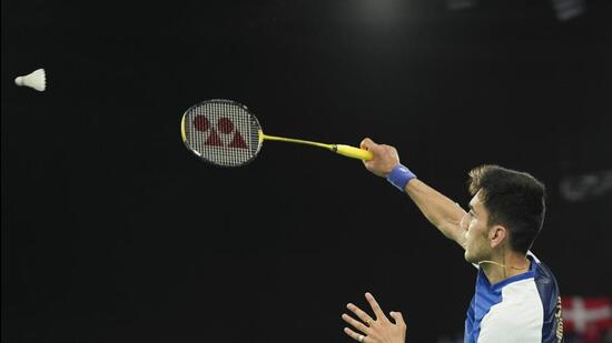 Lakshya Sen returns a shot during the men’s singles semi-final against Denmark’s Viktor Axelsen at the Paris Olympics on Sunday. (PTI)