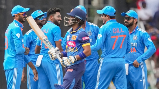 Mohammed Siraj picked the wicket off the first ball of the match, when he removed Pathum Nissanka on a duck.(PTI)