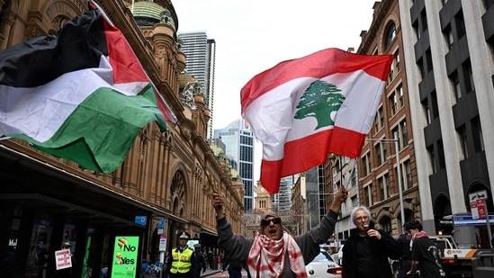 A pro-Palestinian demonstrator waves flags as he marches to condemn the assassination of Hamas leader Ismail Haniyeh, recent Israeli strike on Lebanon and continued offensives in Gaza, during a rally in Sydney.(AFP)