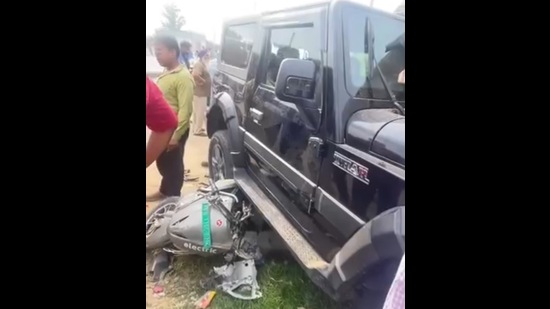 The SUV after the road mishap in Patran town of Patiala district on Sunday.