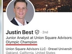 Paris Olympics 2024: Justin Best also works as a Junior Analyst at Union Square Advisors. Paris Olympics 2024: Justin Best also works as a Junior Analyst at Union Square Advisors.