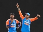 India's Suryakumar Yadav and Hardik Pandya during the first T20I in Sri Lanka.(PTI) India's Suryakumar Yadav and Hardik Pandya during the first T20I in Sri Lanka.(PTI)