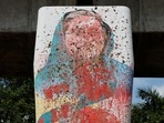 A mural of Bangladeshi Ex Prime Minister Sheikh Hasina is seen vandalised by protesters in Dhaka, Bangladesh