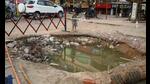 Hole in the road has triggered fear among commuters in Vikas Nagar. (Deepak Gupta//HT Photo) Hole in the road has triggered fear among commuters in Vikas Nagar. (Deepak Gupta//HT Photo)