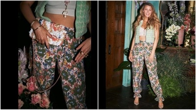 In another outfit, she wore a white cropped top paired with a sleeveless green checkered jacket and vibrant floral-printed trousers. Accessorised with a delicate necklace, a sling bag, and high heels, she looked absolutely stunning. (Instagram/@blakelively) In another outfit, she wore a white cropped top paired with a sleeveless green checkered jacket and vibrant floral-printed trousers. Accessorised with a delicate necklace, a sling bag, and high heels, she looked absolutely stunning. (Instagram/@blakelively)