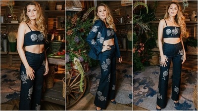 Lively started her floral-themed outfits with a relatively understated denim suit set adorned with embellished roses. This look by Cinq à Sept had the actress proclaiming on Instagram, “Starchy dark denim with iron-on crystals is back. Thank you, Gen Z, for bringing back my middle school dream clothes.” (Instagram/@blakelively) Lively started her floral-themed outfits with a relatively understated denim suit set adorned with embellished roses. This look by Cinq à Sept had the actress proclaiming on Instagram, “Starchy dark denim with iron-on crystals is back. Thank you, Gen Z, for bringing back my middle school dream clothes.” (Instagram/@blakelively)